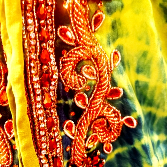 *LAST ONE*MANISH VAID- LIME Grn & Blue TIE Dye SILK Hi-Lo Cry. DRESS-NWT-O/S - Picture 5 of 9